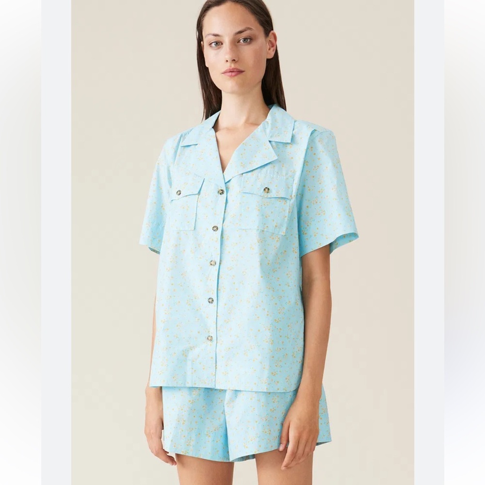 Ganni Floral Organic Cotton Poplin Button Up Short Sleeve Shirt size 2 (34) Blue